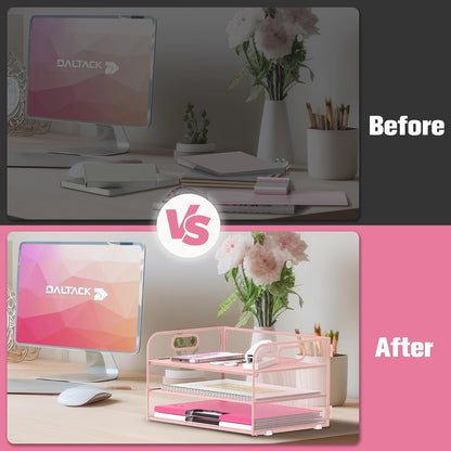 3 Tier Paper Organizer for Desk, Sliding Paper Trays, Pink