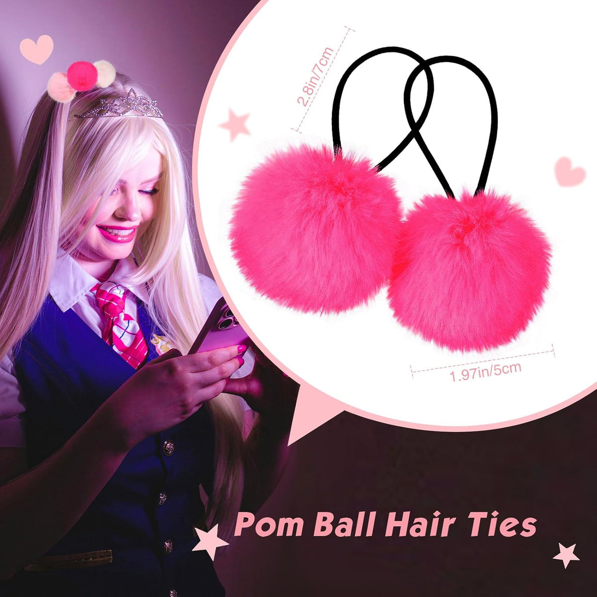 8 Pcs Fluffy Elastic Ball Hair Accessories - Pom Pom Scrunchies in 4 Colors (Pink Series) for Girls, Toddlers and Christmas