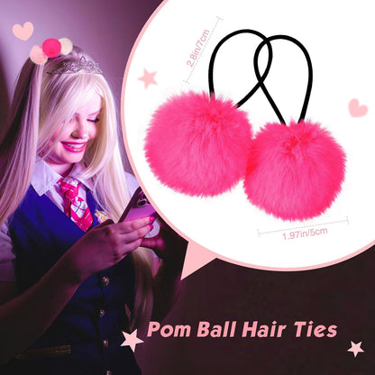 8 Pcs Fluffy Elastic Ball Hair Accessories - Pom Pom Scrunchies in 4 Colors (Pink Series) for Girls, Toddlers and Christmas