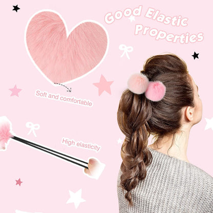 8 Pcs Fluffy Elastic Ball Hair Accessories - Pom Pom Scrunchies in 4 Colors (Pink Series) for Girls, Toddlers and Christmas