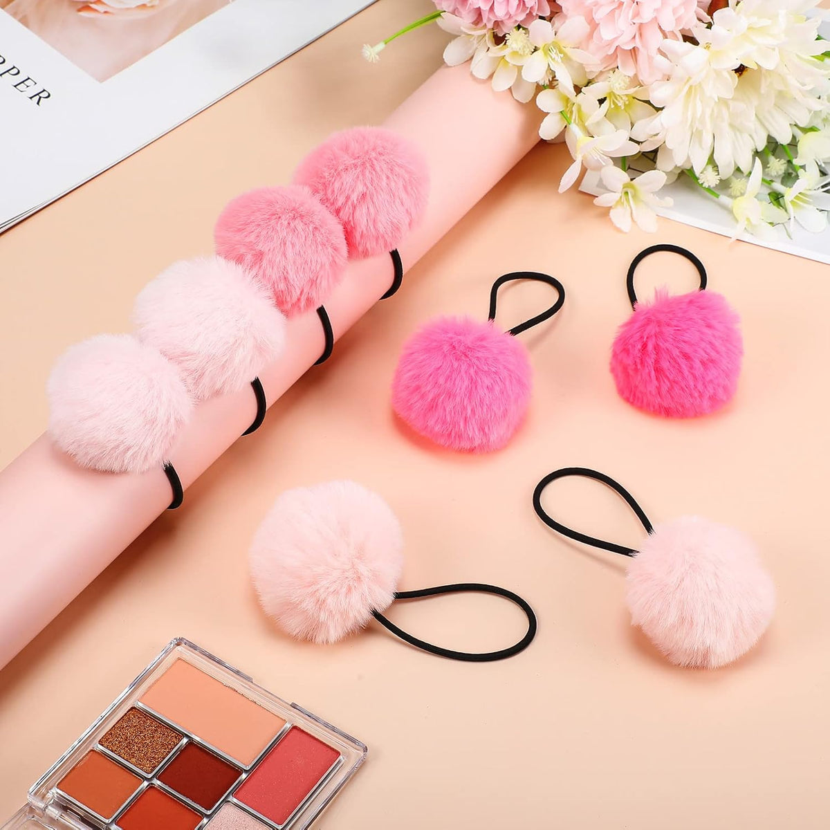 8 Pcs Fluffy Elastic Ball Hair Accessories - Pom Pom Scrunchies in 4 Colors (Pink Series) for Girls, Toddlers and Christmas
