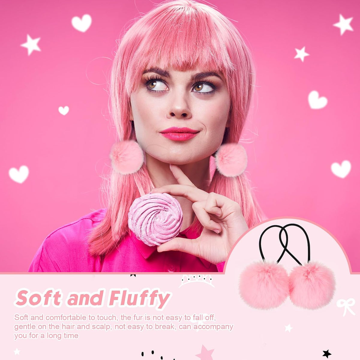 8 Pcs Fluffy Elastic Ball Hair Accessories - Pom Pom Scrunchies in 4 Colors (Pink Series) for Girls, Toddlers and Christmas