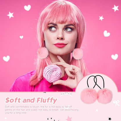 8 Pcs Fluffy Elastic Ball Hair Accessories - Pom Pom Scrunchies in 4 Colors (Pink Series) for Girls, Toddlers and Christmas