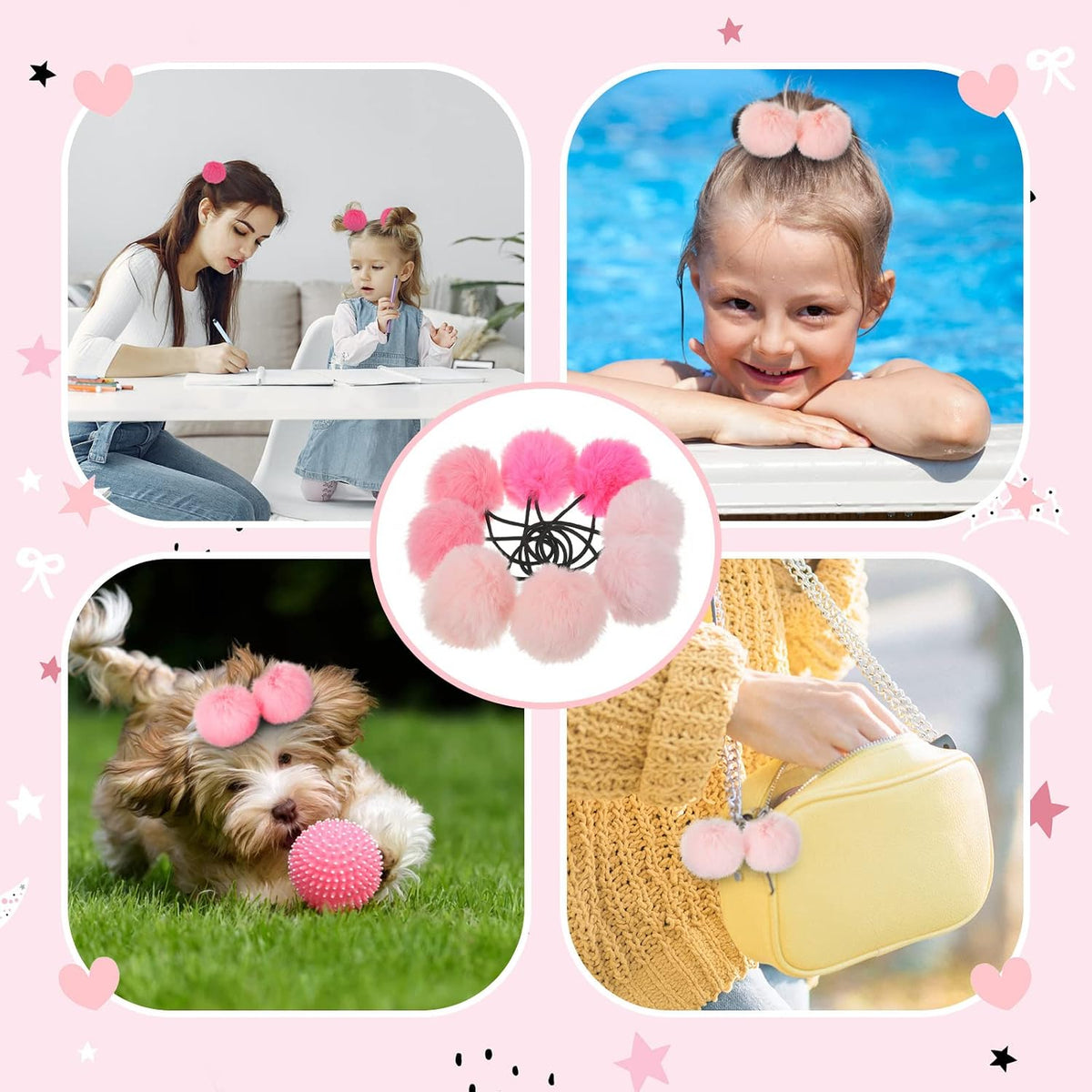 8 Pcs Fluffy Elastic Ball Hair Accessories - Pom Pom Scrunchies in 4 Colors (Pink Series) for Girls, Toddlers and Christmas