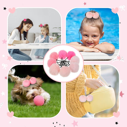 8 Pcs Fluffy Elastic Ball Hair Accessories - Pom Pom Scrunchies in 4 Colors (Pink Series) for Girls, Toddlers and Christmas