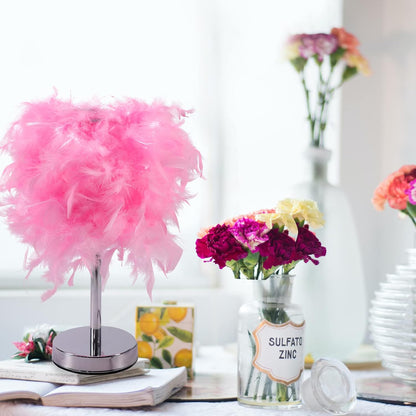 Feather Table Light, Home Decorative Bedside Desk Lamp Elegant Feather Lampshade LED Night Lamp, Soft Lighting Romantic Atmosphere Light for Living Room Wedding Room Bedroom(US Plug,Pink)