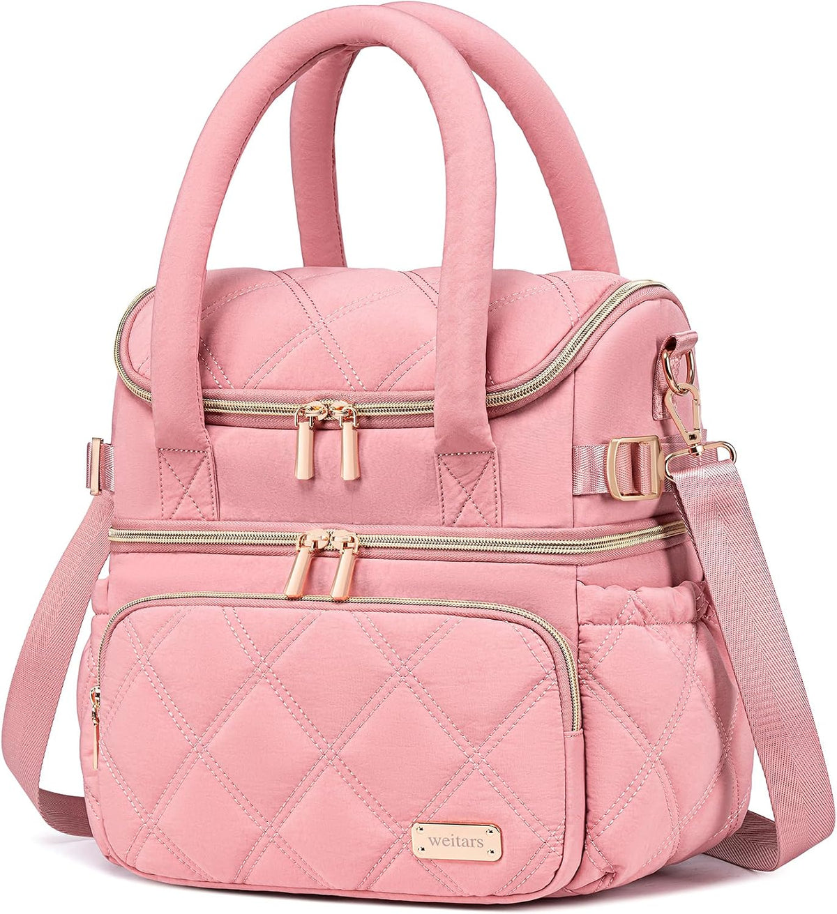 Lunch Bag for Women Men,Double Deck Lunch Box for Women,Quilted Lunch Tote for Work,Insulated Lunch Cooler Leakproof Lunchbox for Adult with Shoulder Strap &Pockets for Picnic Hiking (Pink)