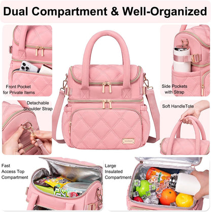 Lunch Bag for Women Men,Double Deck Lunch Box for Women,Quilted Lunch Tote for Work,Insulated Lunch Cooler Leakproof Lunchbox for Adult with Shoulder Strap &Pockets for Picnic Hiking (Pink)