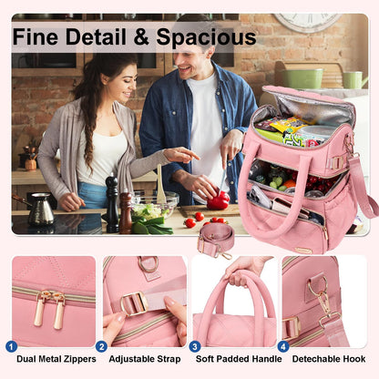 Lunch Bag for Women Men,Double Deck Lunch Box for Women,Quilted Lunch Tote for Work,Insulated Lunch Cooler Leakproof Lunchbox for Adult with Shoulder Strap &Pockets for Picnic Hiking (Pink)