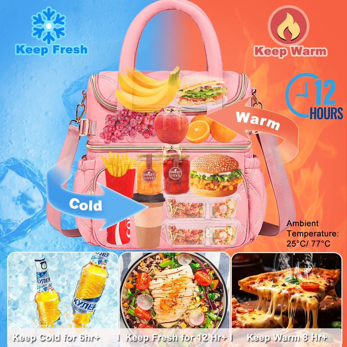 Lunch Bag for Women Men,Double Deck Lunch Box for Women,Quilted Lunch Tote for Work,Insulated Lunch Cooler Leakproof Lunchbox for Adult with Shoulder Strap &Pockets for Picnic Hiking (Pink)