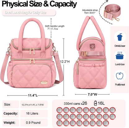 Lunch Bag for Women Men,Double Deck Lunch Box for Women,Quilted Lunch Tote for Work,Insulated Lunch Cooler Leakproof Lunchbox for Adult with Shoulder Strap &Pockets for Picnic Hiking (Pink)