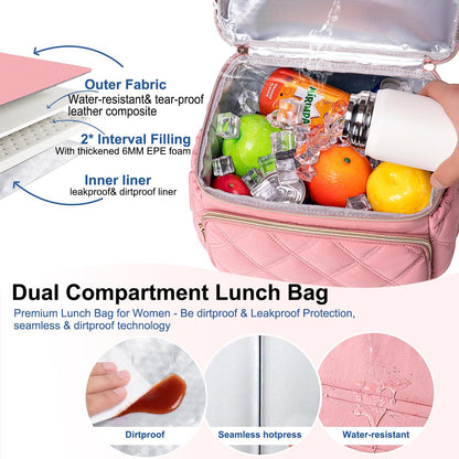 Lunch Bag for Women Men,Double Deck Lunch Box for Women,Quilted Lunch Tote for Work,Insulated Lunch Cooler Leakproof Lunchbox for Adult with Shoulder Strap &Pockets for Picnic Hiking (Pink)