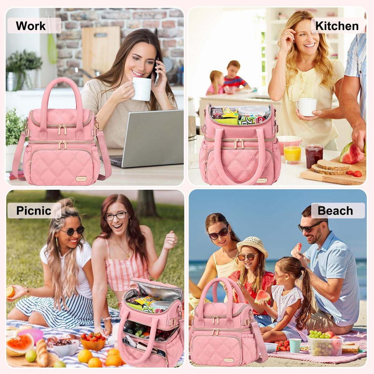 Lunch Bag for Women Men,Double Deck Lunch Box for Women,Quilted Lunch Tote for Work,Insulated Lunch Cooler Leakproof Lunchbox for Adult with Shoulder Strap &Pockets for Picnic Hiking (Pink)