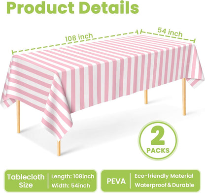Pink and White Striped Tablecloth 2 Pack,54 x 108 Inch