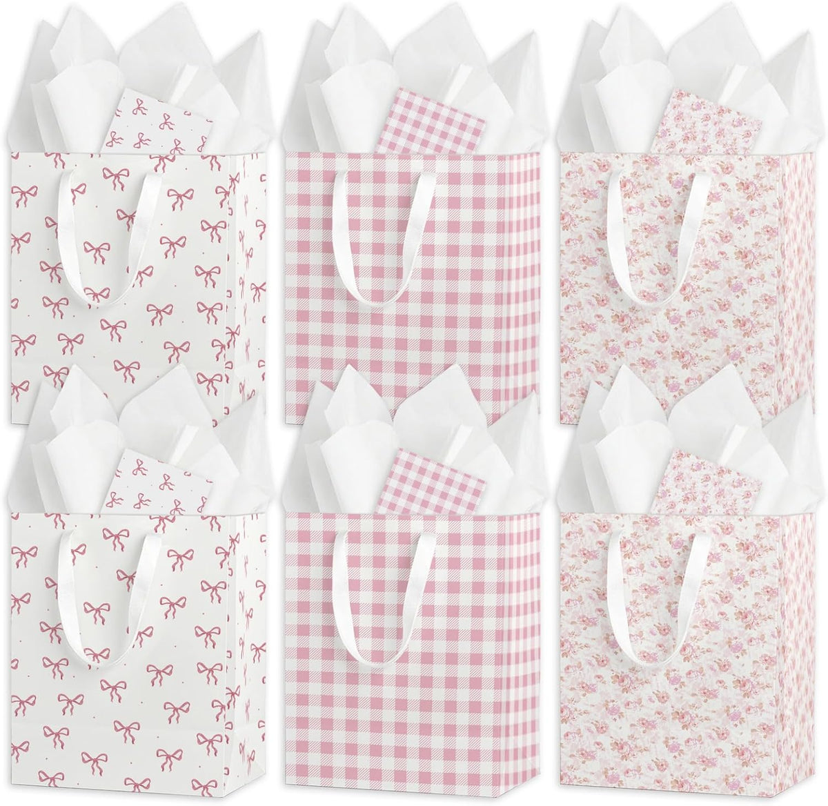 Coquette Charm Pink Bow Gift Bags Set of 6 - Medium Sized 9" Bags with Handles incl. Matching Tissue Paper, Cards in Pink for Girl- Reusable & For Presents of Any Birthday, Weddings，Bridal Shower