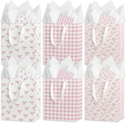 Coquette Charm Pink Bow Gift Bags Set of 6 - Medium Sized 9" Bags with Handles incl. Matching Tissue Paper, Cards in Pink for Girl- Reusable & For Presents of Any Birthday, Weddings，Bridal Shower