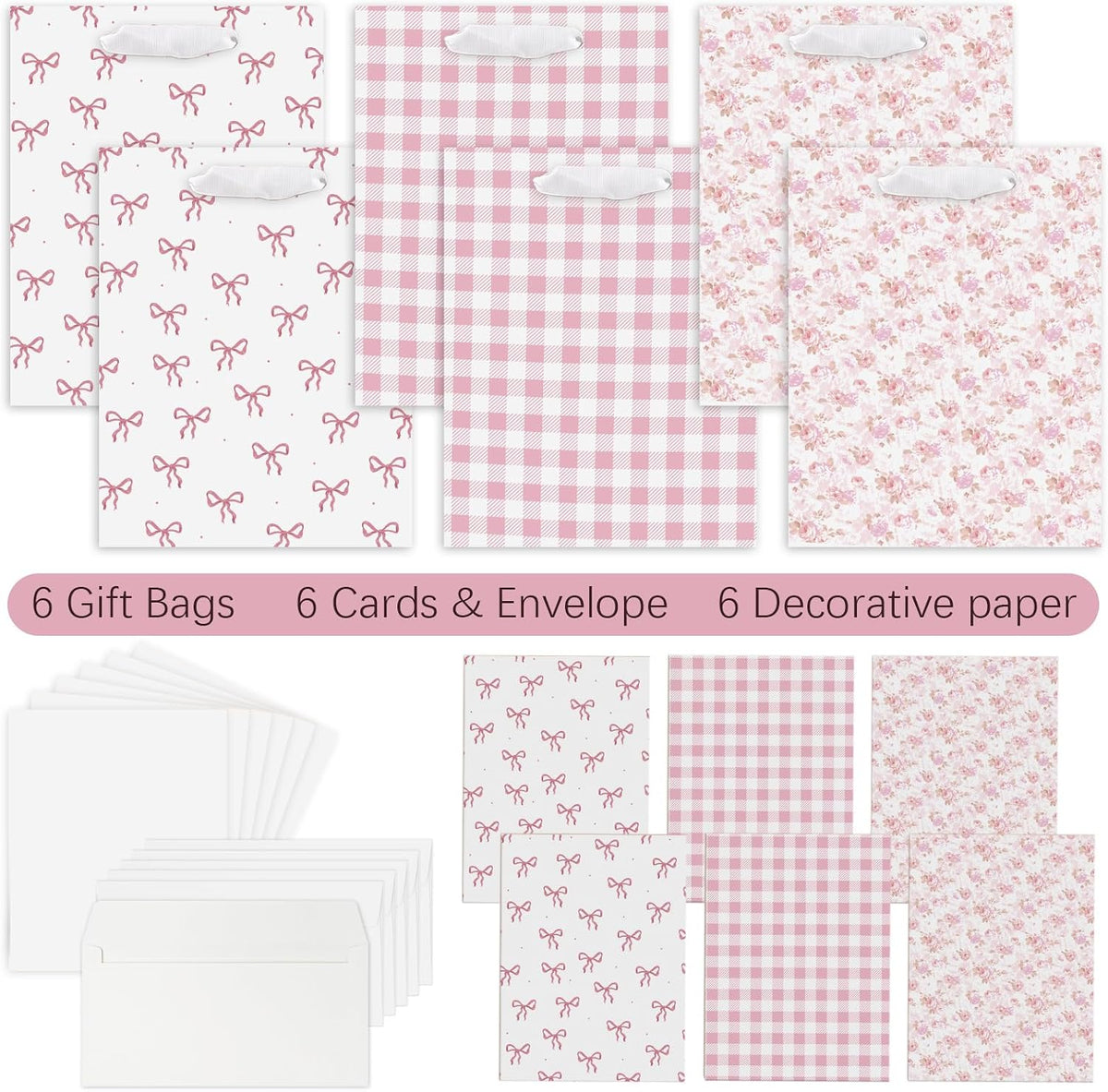 Coquette Charm Pink Bow Gift Bags Set of 6 - Medium Sized 9" Bags with Handles incl. Matching Tissue Paper, Cards in Pink for Girl- Reusable & For Presents of Any Birthday, Weddings，Bridal Shower