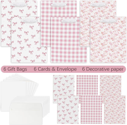 Coquette Charm Pink Bow Gift Bags Set of 6 - Medium Sized 9" Bags with Handles incl. Matching Tissue Paper, Cards in Pink for Girl- Reusable & For Presents of Any Birthday, Weddings，Bridal Shower