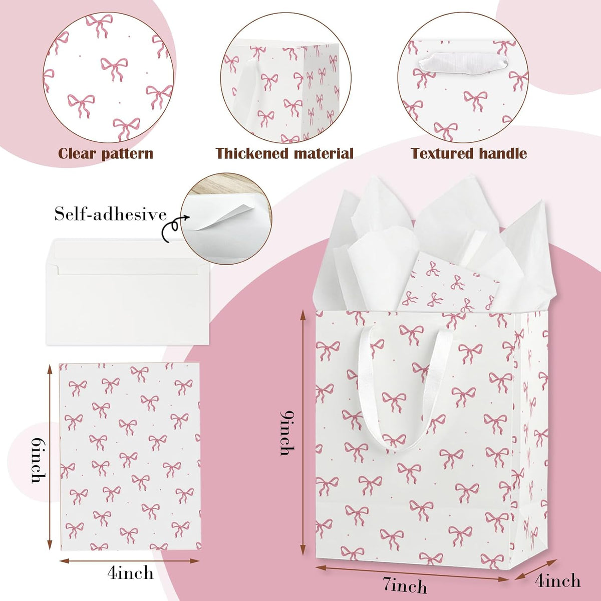 Coquette Charm Pink Bow Gift Bags Set of 6 - Medium Sized 9" Bags with Handles incl. Matching Tissue Paper, Cards in Pink for Girl- Reusable & For Presents of Any Birthday, Weddings，Bridal Shower