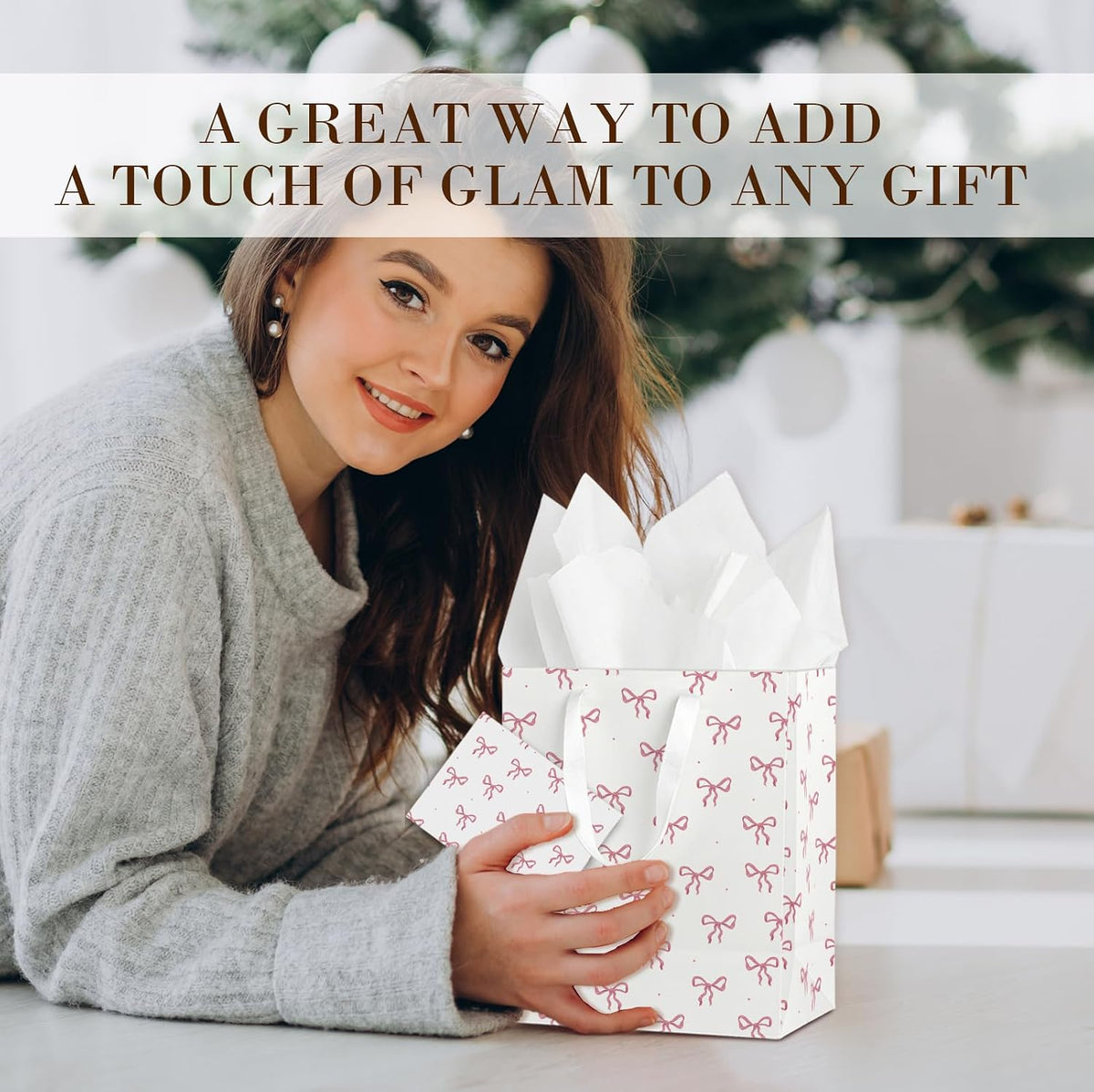 Coquette Charm Pink Bow Gift Bags Set of 6 - Medium Sized 9" Bags with Handles incl. Matching Tissue Paper, Cards in Pink for Girl- Reusable & For Presents of Any Birthday, Weddings，Bridal Shower