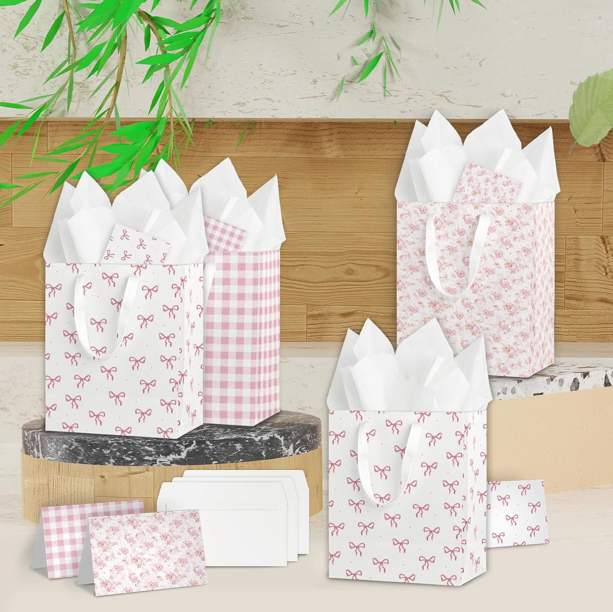 Coquette Charm Pink Bow Gift Bags Set of 6 - Medium Sized 9" Bags with Handles incl. Matching Tissue Paper, Cards in Pink for Girl- Reusable & For Presents of Any Birthday, Weddings，Bridal Shower