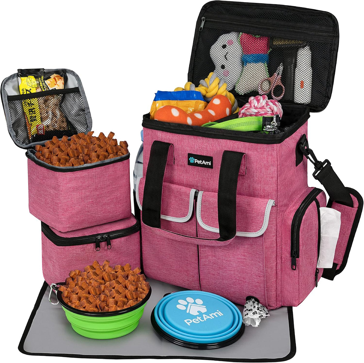 Dog Travel Bag Pet Supplies Accessories Organizer for Traveling, Camping, Weekend; Cat Pet Travel Bag Kit Includes 2 Food Storage Containers, 2 Collapsible Bowls, 1 Feeding Mat (Pink)