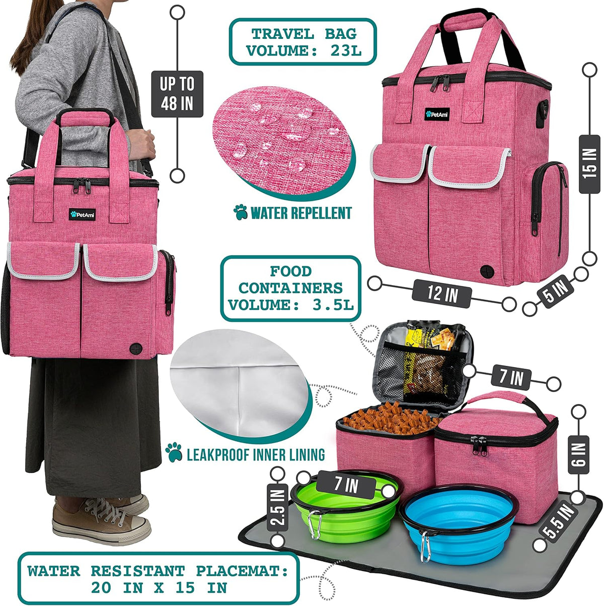 Dog Travel Bag Pet Supplies Accessories Organizer for Traveling, Camping, Weekend; Cat Pet Travel Bag Kit Includes 2 Food Storage Containers, 2 Collapsible Bowls, 1 Feeding Mat (Pink)