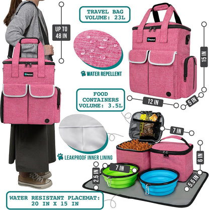 Dog Travel Bag Pet Supplies Accessories Organizer for Traveling, Camping, Weekend; Cat Pet Travel Bag Kit Includes 2 Food Storage Containers, 2 Collapsible Bowls, 1 Feeding Mat (Pink)