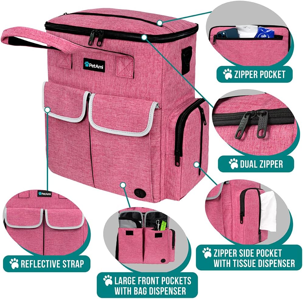 Dog Travel Bag Pet Supplies Accessories Organizer for Traveling, Camping, Weekend; Cat Pet Travel Bag Kit Includes 2 Food Storage Containers, 2 Collapsible Bowls, 1 Feeding Mat (Pink)