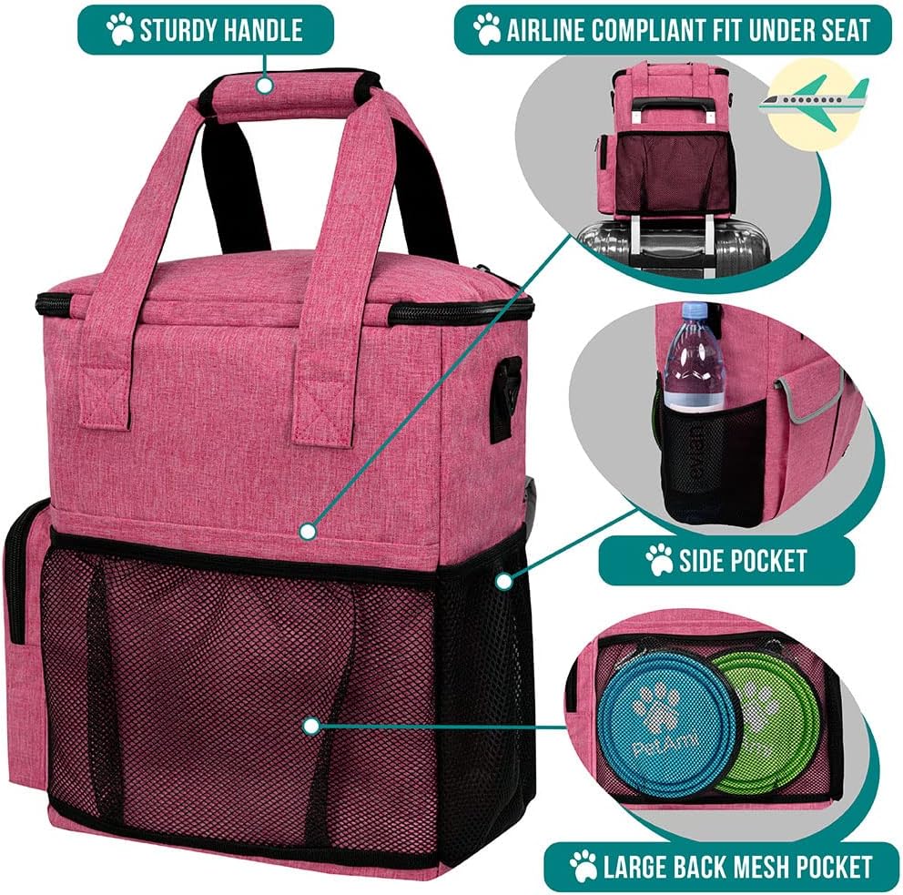 Dog Travel Bag Pet Supplies Accessories Organizer for Traveling, Camping, Weekend; Cat Pet Travel Bag Kit Includes 2 Food Storage Containers, 2 Collapsible Bowls, 1 Feeding Mat (Pink)