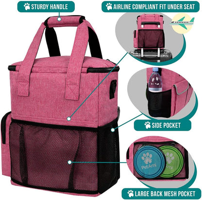 Dog Travel Bag Pet Supplies Accessories Organizer for Traveling, Camping, Weekend; Cat Pet Travel Bag Kit Includes 2 Food Storage Containers, 2 Collapsible Bowls, 1 Feeding Mat (Pink)