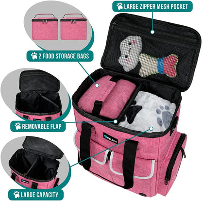 Dog Travel Bag Pet Supplies Accessories Organizer for Traveling, Camping, Weekend; Cat Pet Travel Bag Kit Includes 2 Food Storage Containers, 2 Collapsible Bowls, 1 Feeding Mat (Pink)
