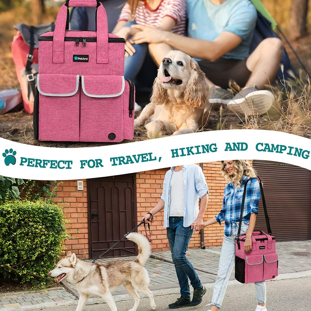 Dog Travel Bag Pet Supplies Accessories Organizer for Traveling, Camping, Weekend; Cat Pet Travel Bag Kit Includes 2 Food Storage Containers, 2 Collapsible Bowls, 1 Feeding Mat (Pink)