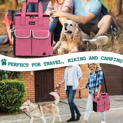Dog Travel Bag Pet Supplies Accessories Organizer for Traveling, Camping, Weekend; Cat Pet Travel Bag Kit Includes 2 Food Storage Containers, 2 Collapsible Bowls, 1 Feeding Mat (Pink)