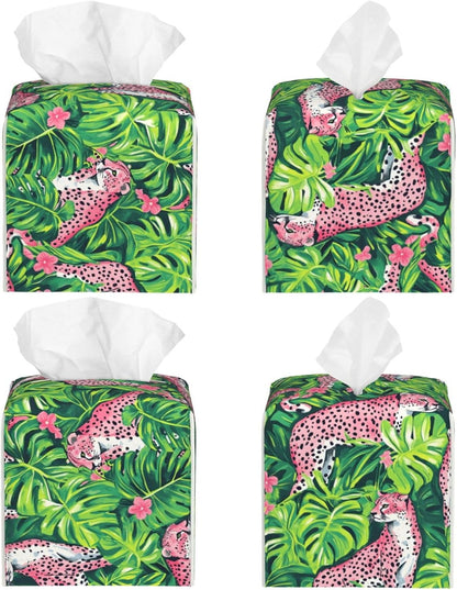 Tropical Plant Pink Leopard Print Tissue Box Cover Square Modern Decorative Tissue Box Holder, Cute Leather Box Cover Car Tissue Holder for Bathroom, Night Stands, Desk, Office Decor