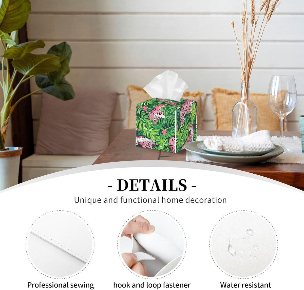 Tropical Plant Pink Leopard Print Tissue Box Cover Square Modern Decorative Tissue Box Holder, Cute Leather Box Cover Car Tissue Holder for Bathroom, Night Stands, Desk, Office Decor