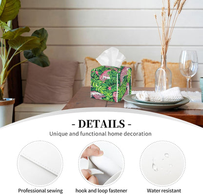 Tropical Plant Pink Leopard Print Tissue Box Cover Square Modern Decorative Tissue Box Holder, Cute Leather Box Cover Car Tissue Holder for Bathroom, Night Stands, Desk, Office Decor