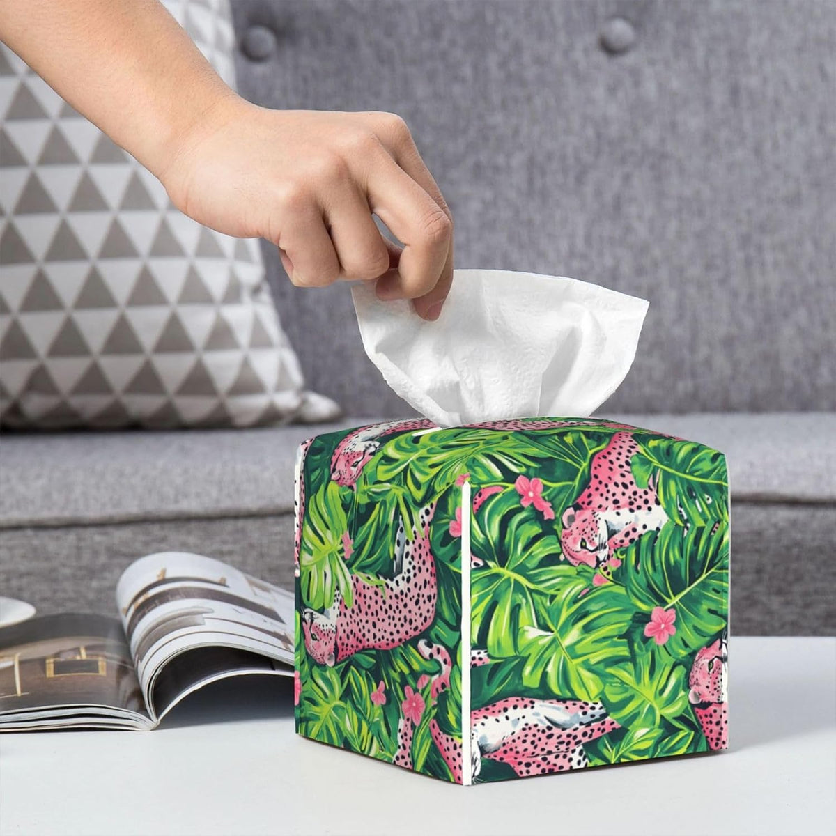 Tropical Plant Pink Leopard Print Tissue Box Cover Square Modern Decorative Tissue Box Holder, Cute Leather Box Cover Car Tissue Holder for Bathroom, Night Stands, Desk, Office Decor