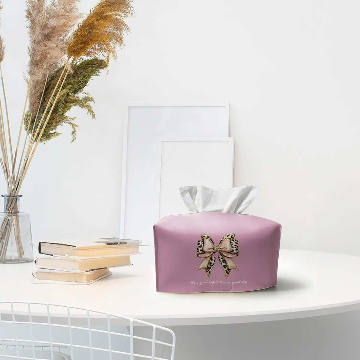 Pink Bow Tissue Box Cover Rectangle,Leopard Bow Long Tissue Box Holder,Cute Preppy Whimsical Decorative Facial Tissue Case for Living Room Bathroom Bedroom Vanity,9.5x4.7x4.7In