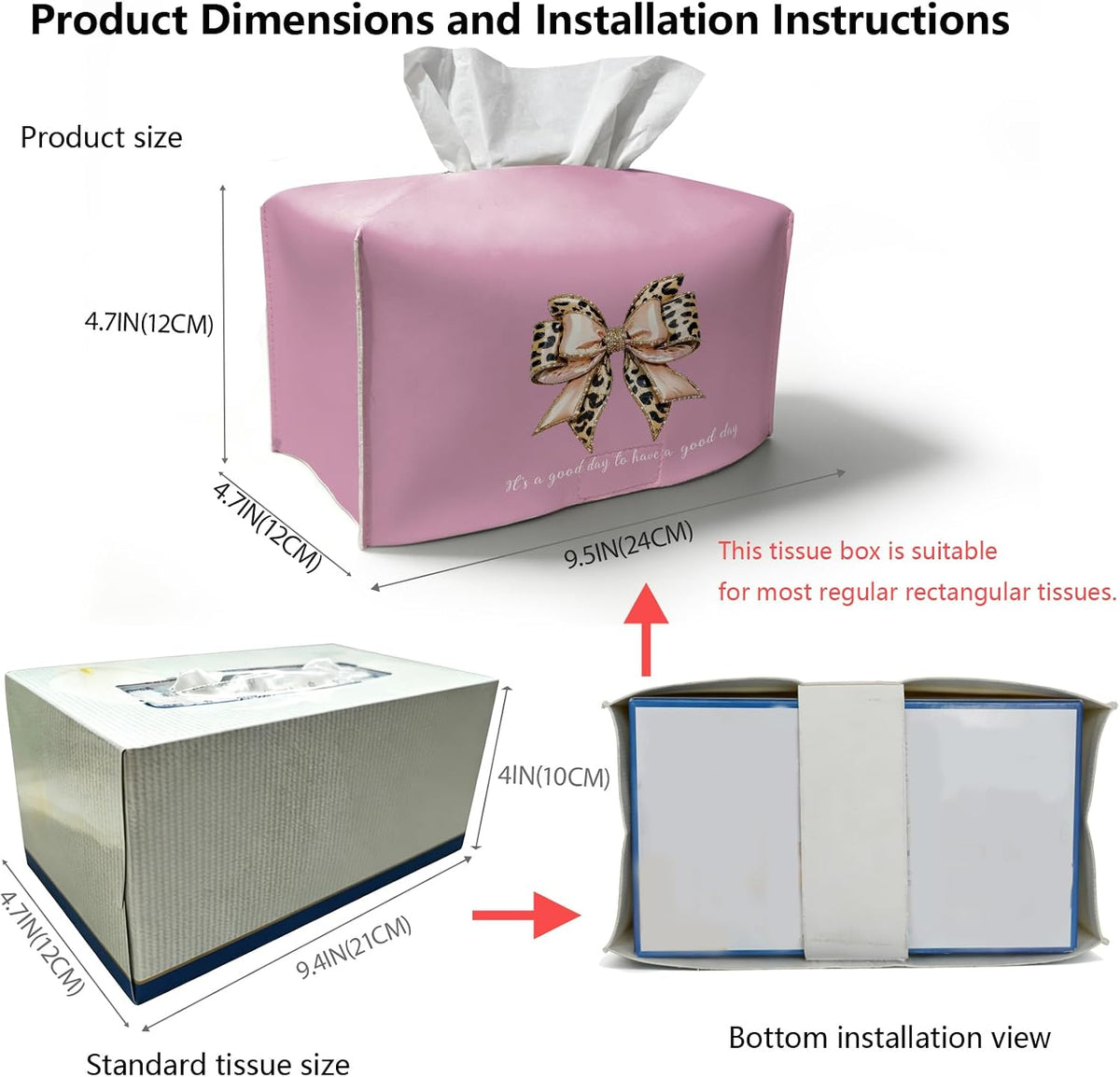 Pink Bow Tissue Box Cover Rectangle,Leopard Bow Long Tissue Box Holder,Cute Preppy Whimsical Decorative Facial Tissue Case for Living Room Bathroom Bedroom Vanity,9.5x4.7x4.7In