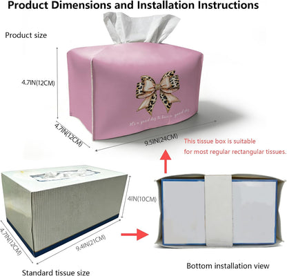 Pink Bow Tissue Box Cover Rectangle,Leopard Bow Long Tissue Box Holder,Cute Preppy Whimsical Decorative Facial Tissue Case for Living Room Bathroom Bedroom Vanity,9.5x4.7x4.7In