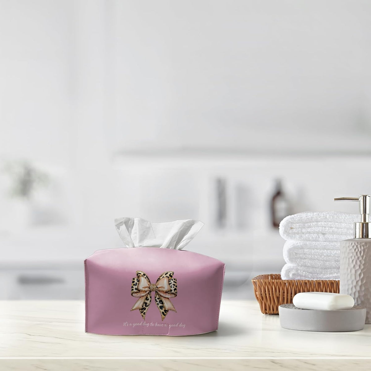 Pink Bow Tissue Box Cover Rectangle,Leopard Bow Long Tissue Box Holder,Cute Preppy Whimsical Decorative Facial Tissue Case for Living Room Bathroom Bedroom Vanity,9.5x4.7x4.7In