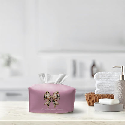 Pink Bow Tissue Box Cover Rectangle,Leopard Bow Long Tissue Box Holder,Cute Preppy Whimsical Decorative Facial Tissue Case for Living Room Bathroom Bedroom Vanity,9.5x4.7x4.7In