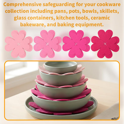 12 PCS Pot and Pan Protectors, Pink Four-Leaf Clover 3 Sizes Thicker Felt Pan Protector Pads, Pot Separators for Stacking, Anti-Slip Dividers to Protect Glass Ceramic Plates Cookware from Scratching