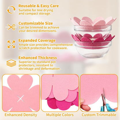 12 PCS Pot and Pan Protectors, Pink Four-Leaf Clover 3 Sizes Thicker Felt Pan Protector Pads, Pot Separators for Stacking, Anti-Slip Dividers to Protect Glass Ceramic Plates Cookware from Scratching