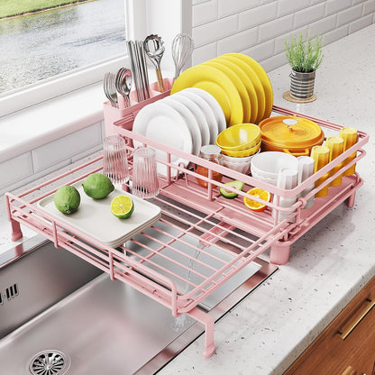 Expandable Dish Drying Rack for Kitchen Counter, Stainless Steel, Pink
