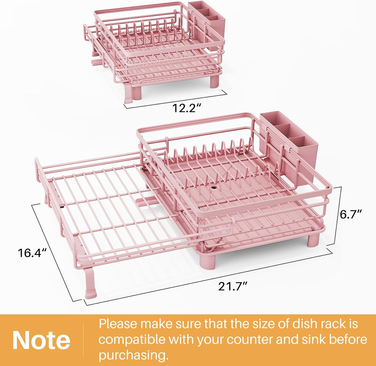 Expandable Dish Drying Rack for Kitchen Counter, Stainless Steel, Pink