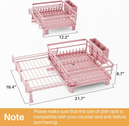 Expandable Dish Drying Rack for Kitchen Counter, Stainless Steel, Pink