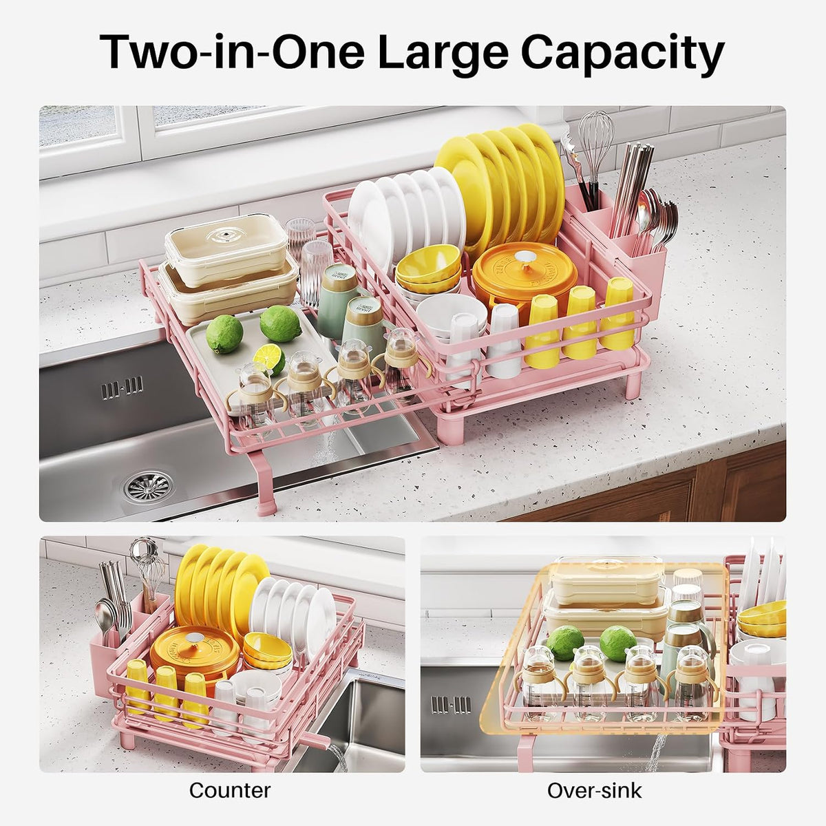 Expandable Dish Drying Rack for Kitchen Counter, Stainless Steel, Pink