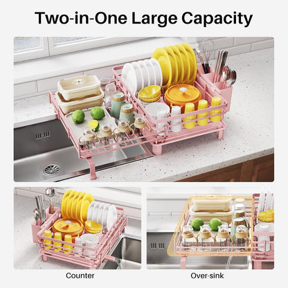 Expandable Dish Drying Rack for Kitchen Counter, Stainless Steel, Pink
